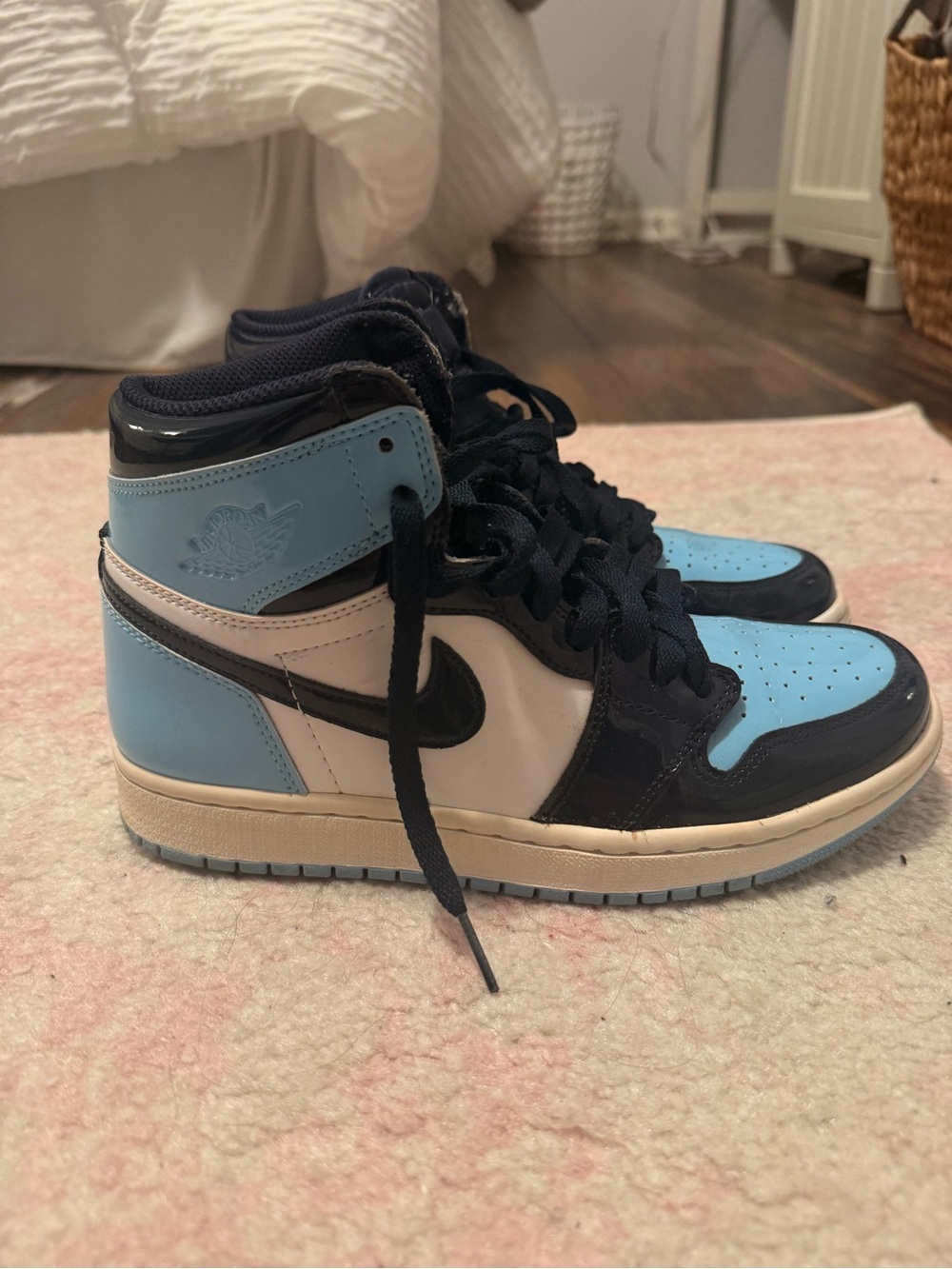 Air Jordan 1 High Top Sneakers in University Light Blue, Navy & White